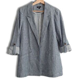 REITMANS Linen Cotton Open Front Utility Sleeve Light Blazer Jacket Blue Sz 4